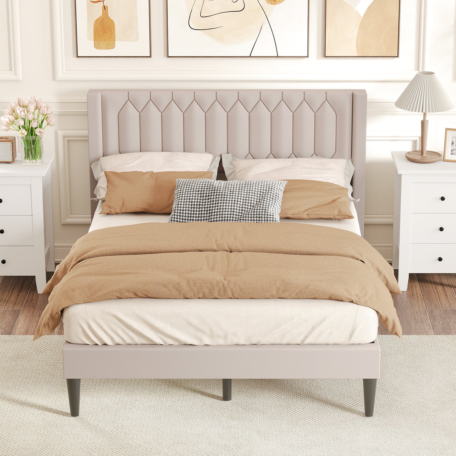 Queen Size Dutch Velvet/Linen Fabric Upholstered Platform Bed with Wingback Headboard and Wooden Slat Support, Beige Trundle Bed Frame at Gallery Canada