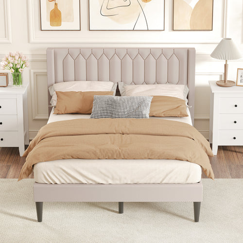 Queen Size Dutch Velvet/Linen Fabric Upholstered Platform Bed with Wingback Headboard and Wooden Slat Support, Beige
