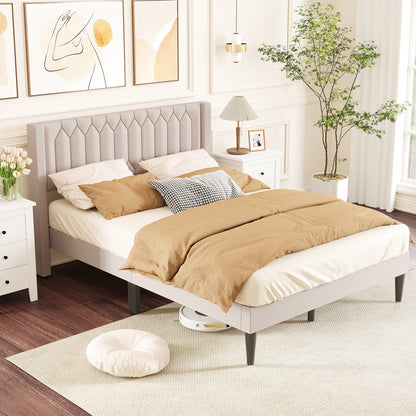 Queen Size Dutch Velvet/Linen Fabric Upholstered Platform Bed with Wingback Headboard and Wooden Slat Support, Beige Trundle Bed Frame at Gallery Canada
