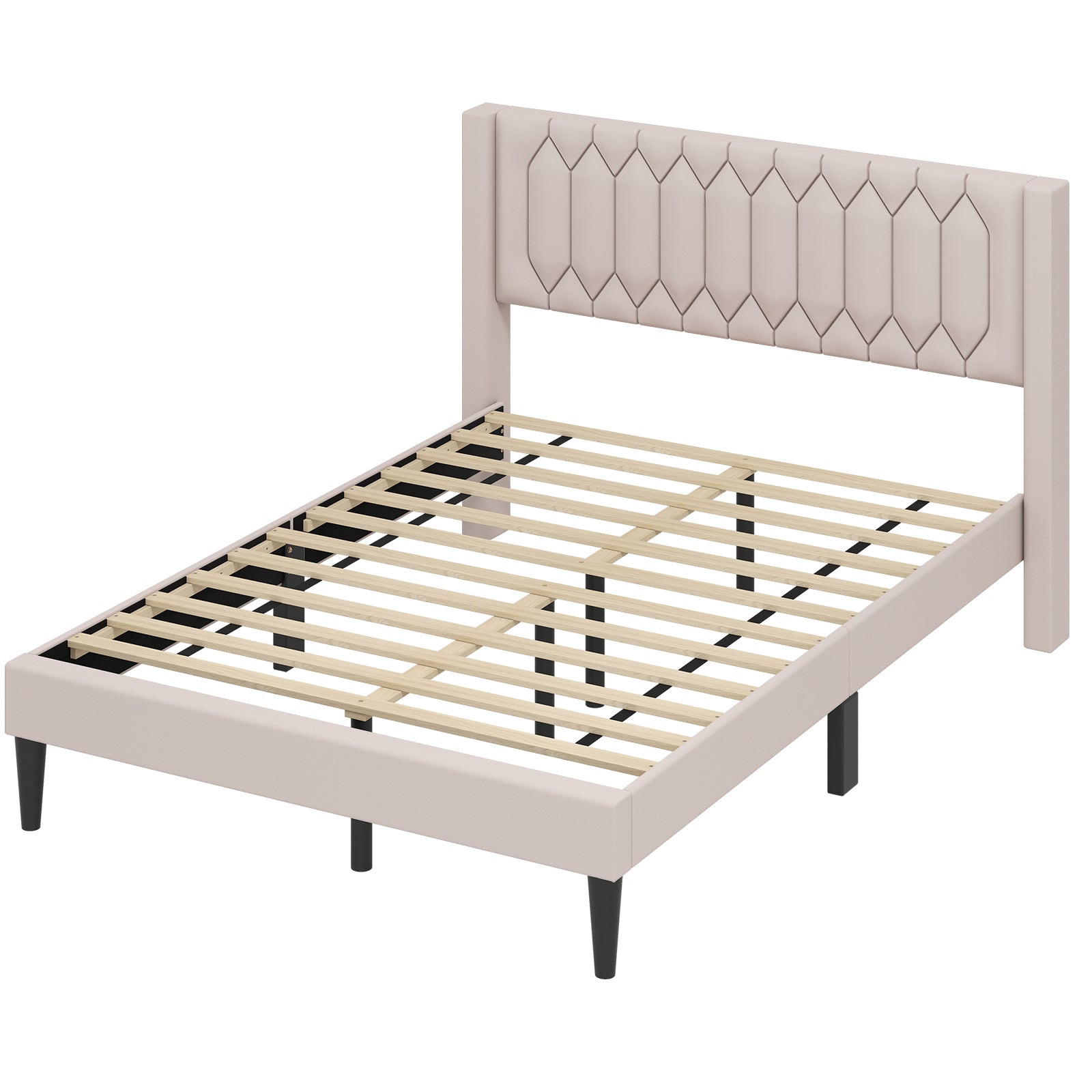 Queen Size Velvet Linen Upholstered Platform Bed With Wingback Headboard, Beige Trundle Bed Frame at Gallery Canada