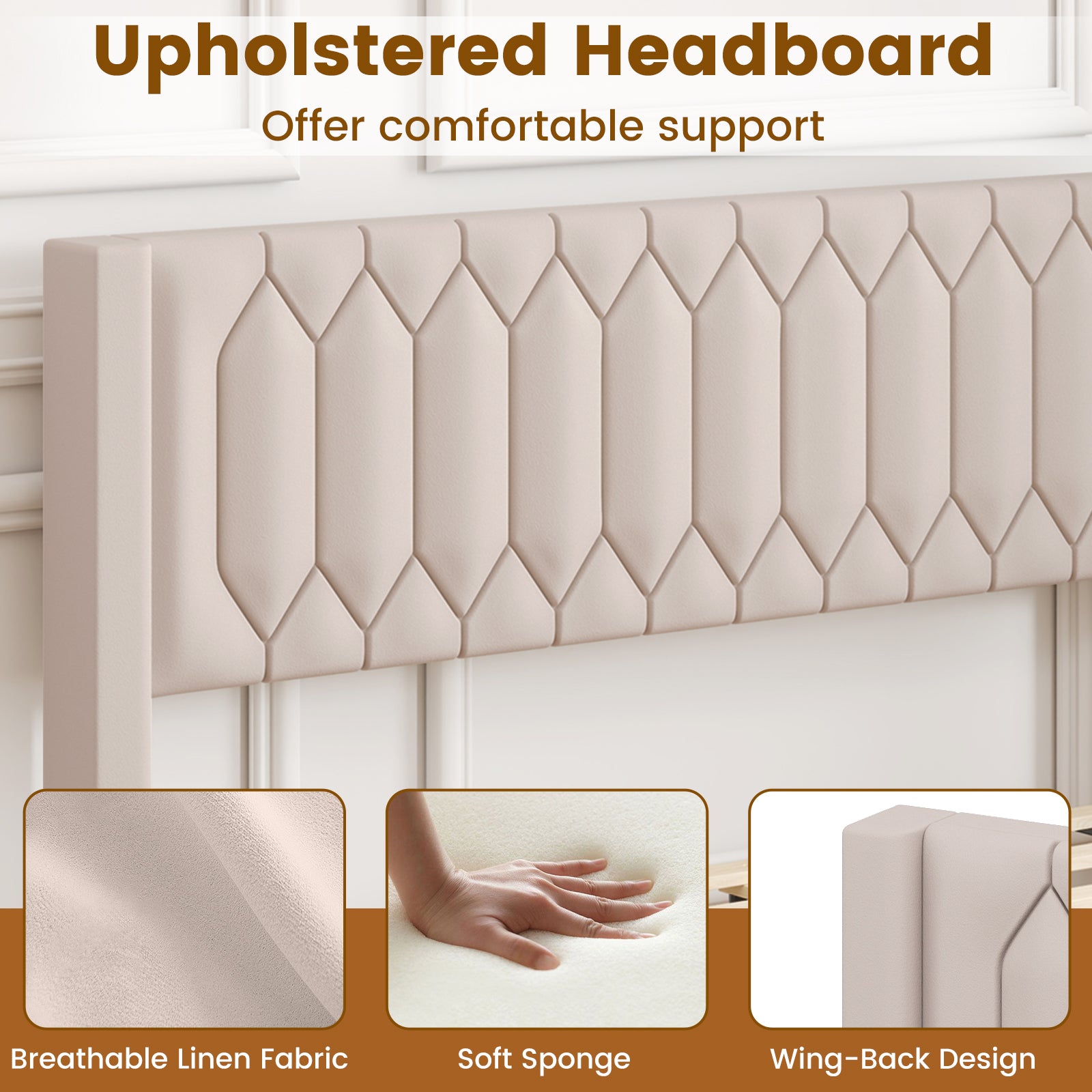 Queen Size Dutch Velvet/Linen Fabric Upholstered Platform Bed with Wingback Headboard and Wooden Slat Support, Beige Trundle Bed Frame at Gallery Canada