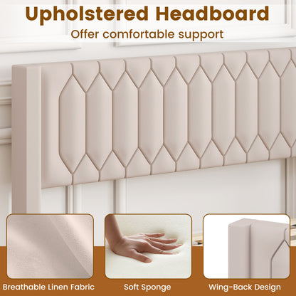 Queen Size Dutch Velvet/Linen Fabric Upholstered Platform Bed with Wingback Headboard and Wooden Slat Support, Beige Trundle Bed Frame at Gallery Canada