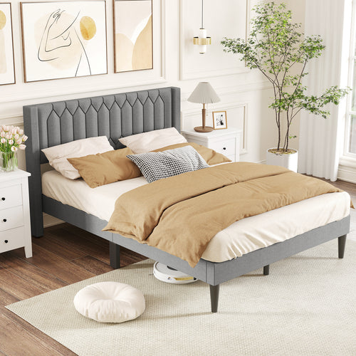 Queen Size Dutch Velvet/Linen Fabric Upholstered Platform Bed with Wingback Headboard and Wooden Slat Support-Gray、, Gray