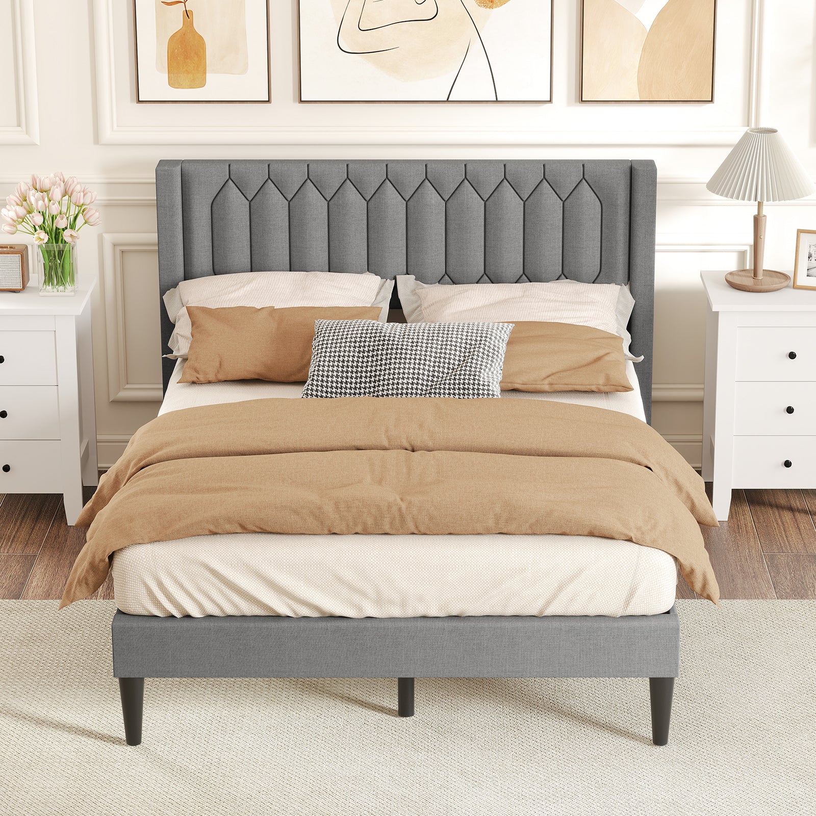 Queen Size Dutch Velvet/Linen Fabric Upholstered Platform Bed with Wingback Headboard and Wooden Slat Support-Gray、, Gray Trundle Bed Frame at Gallery Canada