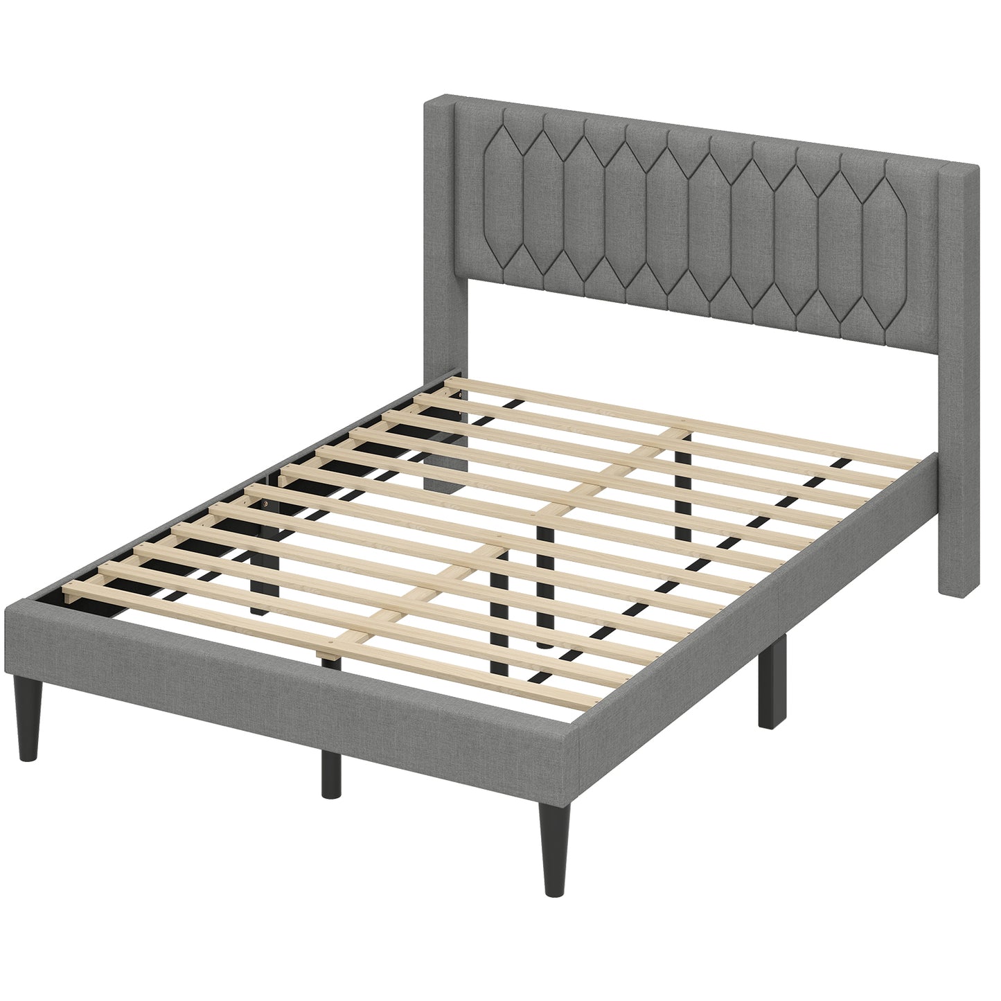 Queen Size Dutch Velvet/Linen Fabric Upholstered Platform Bed with Wingback Headboard and Wooden Slat Support-Gray、, Gray Trundle Bed Frame Gray at Gallery Canada
