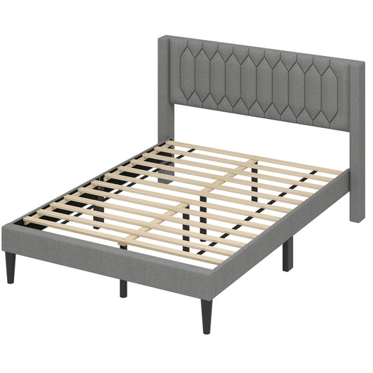 Queen Size Dutch Velvet/Linen Fabric Upholstered Platform Bed with Wingback Headboard and Wooden Slat Support-Gray、, Gray Trundle Bed Frame Gray at Gallery Canada