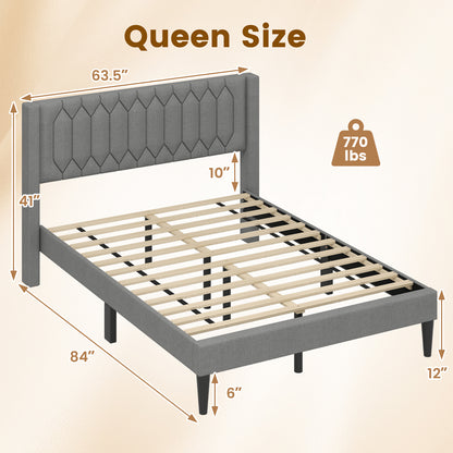 Queen Size Dutch Velvet/Linen Fabric Upholstered Platform Bed with Wingback Headboard and Wooden Slat Support-Gray、, Gray Trundle Bed Frame at Gallery Canada