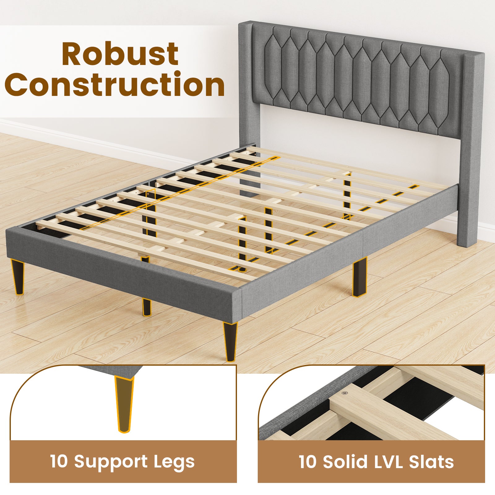 Queen Size Dutch Velvet/Linen Fabric Upholstered Platform Bed with Wingback Headboard and Wooden Slat Support-Gray、, Gray Trundle Bed Frame at Gallery Canada