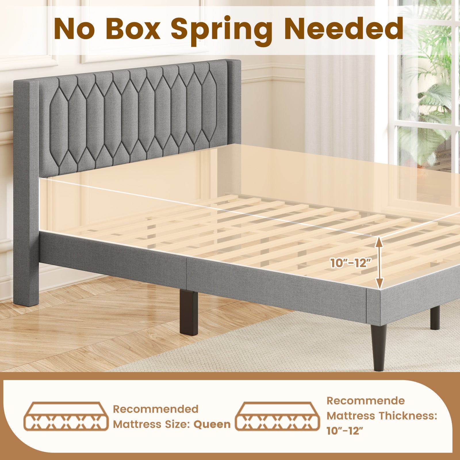 Queen Size Dutch Velvet/Linen Fabric Upholstered Platform Bed with Wingback Headboard and Wooden Slat Support-Gray、, Gray Trundle Bed Frame at Gallery Canada