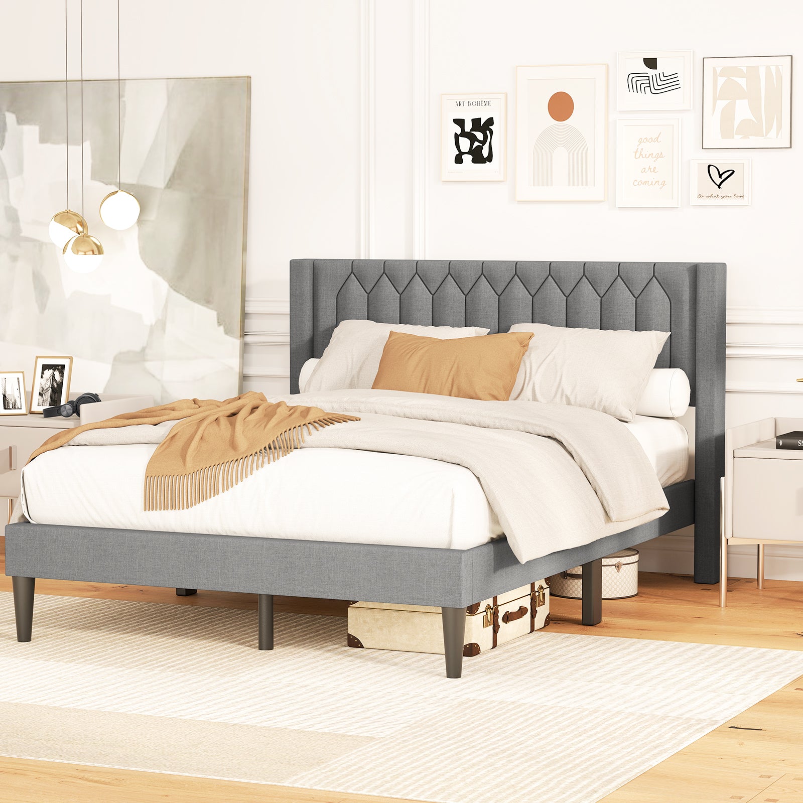 Queen Size Dutch Velvet/Linen Fabric Upholstered Platform Bed with Wingback Headboard and Wooden Slat Support-Gray、, Gray Trundle Bed Frame at Gallery Canada