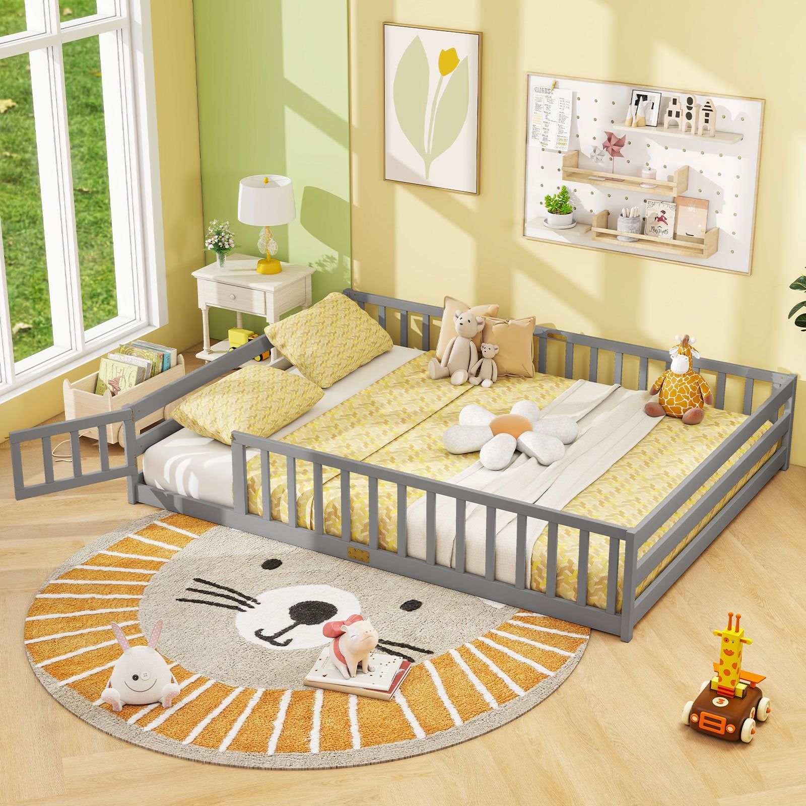 Queen Size Floor Bed Kids Montessori Bed Frame with Full Length Safety Guardrails, Gray Simple Bed Frame at Gallery Canada