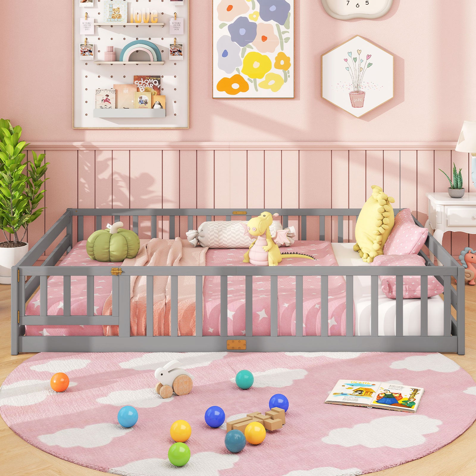 Queen Size Floor Bed Kids Montessori Bed Frame with Full Length Safety Guardrails, Gray Simple Bed Frame at Gallery Canada