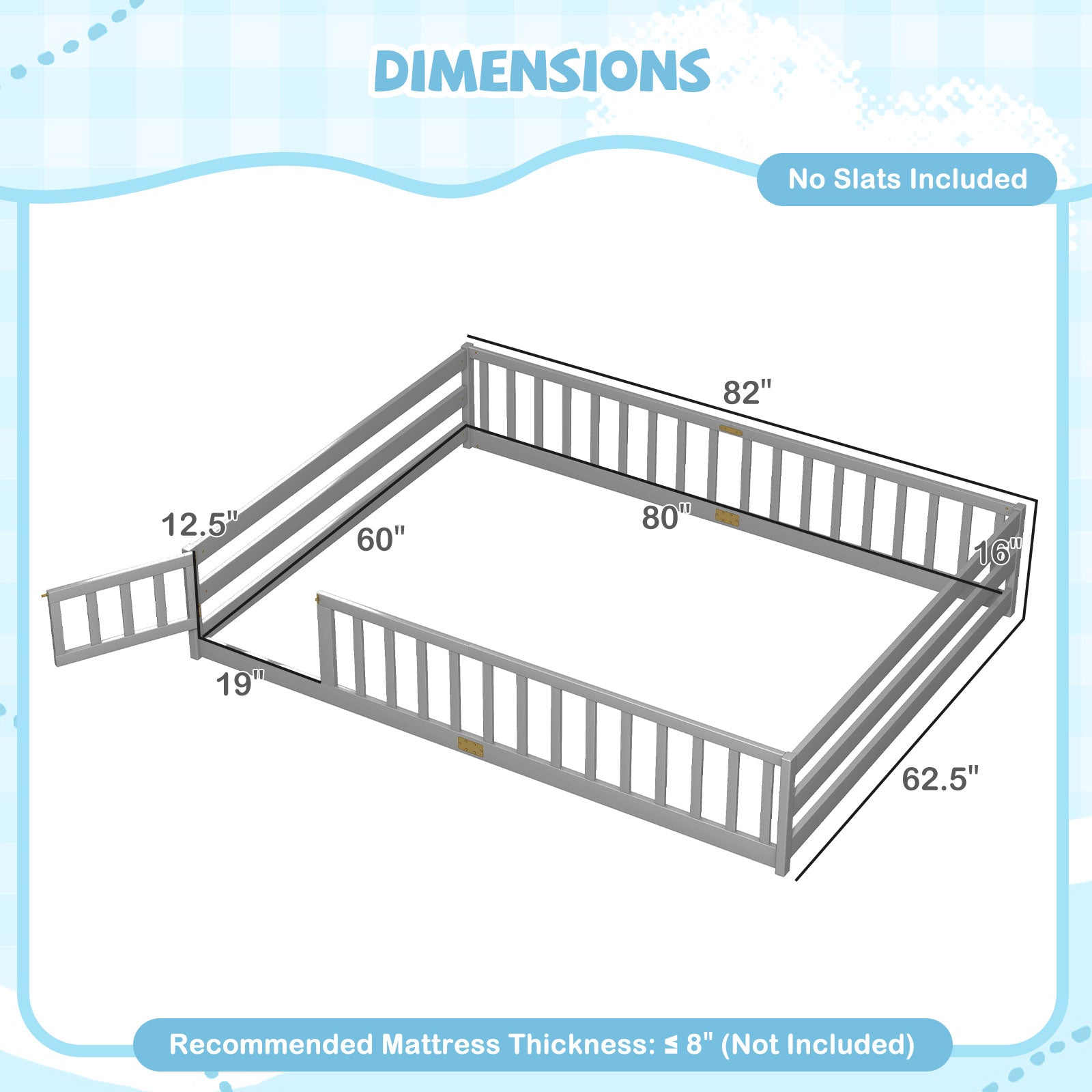 Queen Size Floor Bed Kids Montessori Bed Frame with Full Length Safety Guardrails, Gray Simple Bed Frame at Gallery Canada