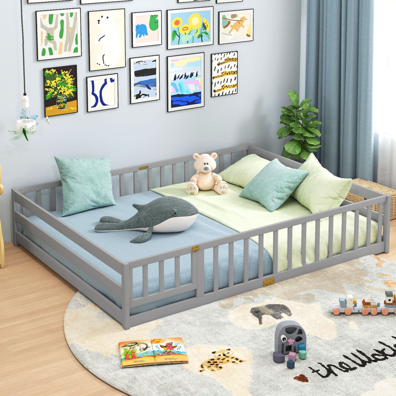 Queen Size Floor Bed Kids Montessori Bed Frame with Full Length Safety Guardrails, Gray Simple Bed Frame at Gallery Canada