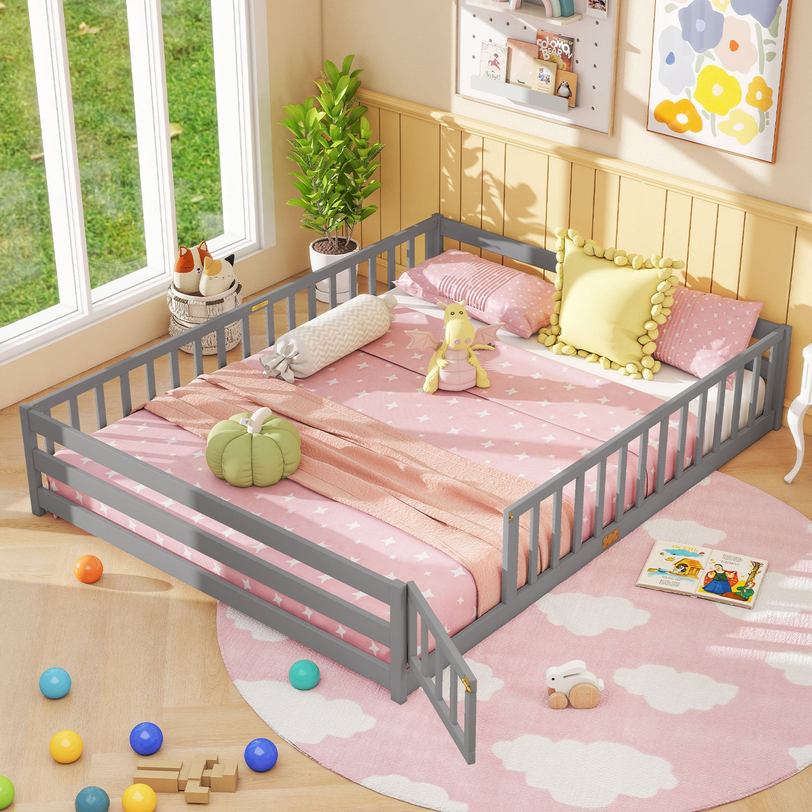 Queen Size Floor Bed Kids Montessori Bed Frame with Full Length Safety Guardrails, Gray Simple Bed Frame at Gallery Canada