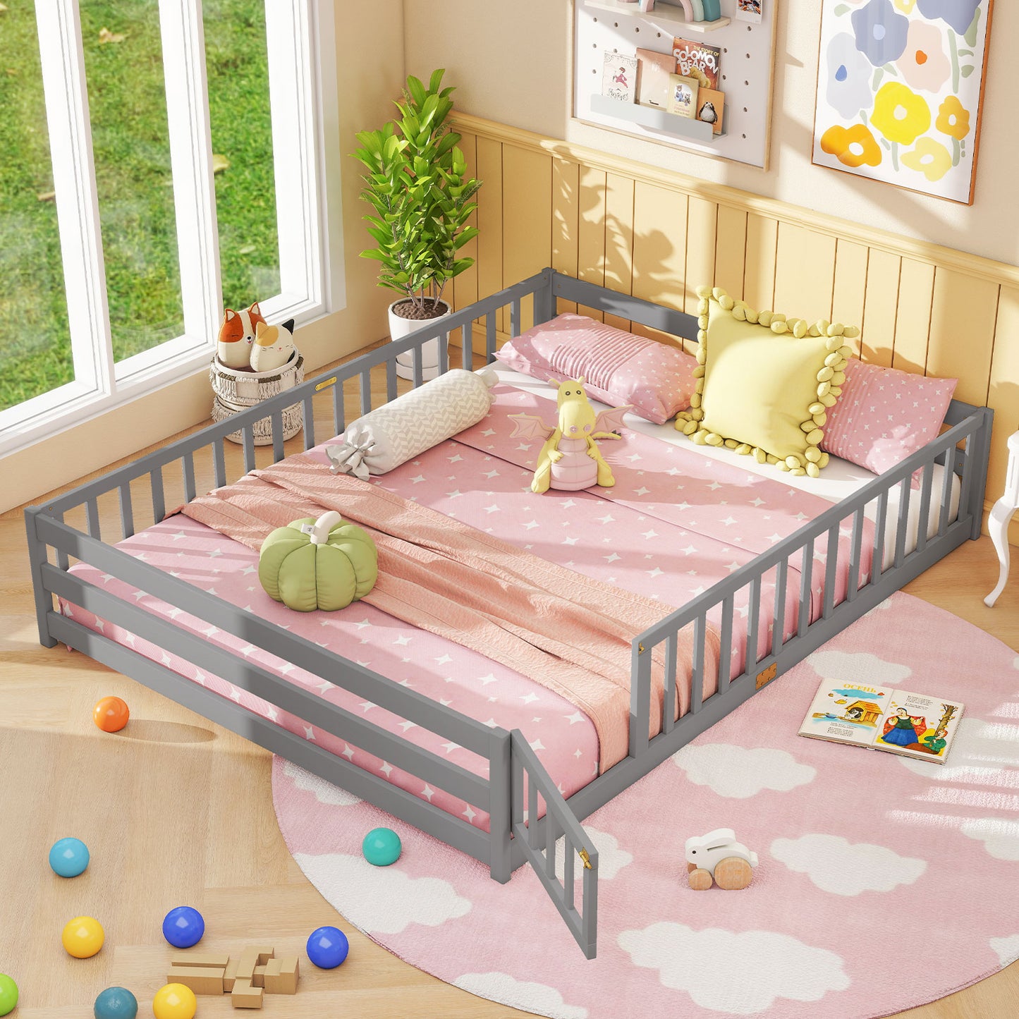 Queen Size Floor Bed Kids Montessori Bed Frame with Full Length Safety Guardrails, Gray Simple Bed Frame at Gallery Canada