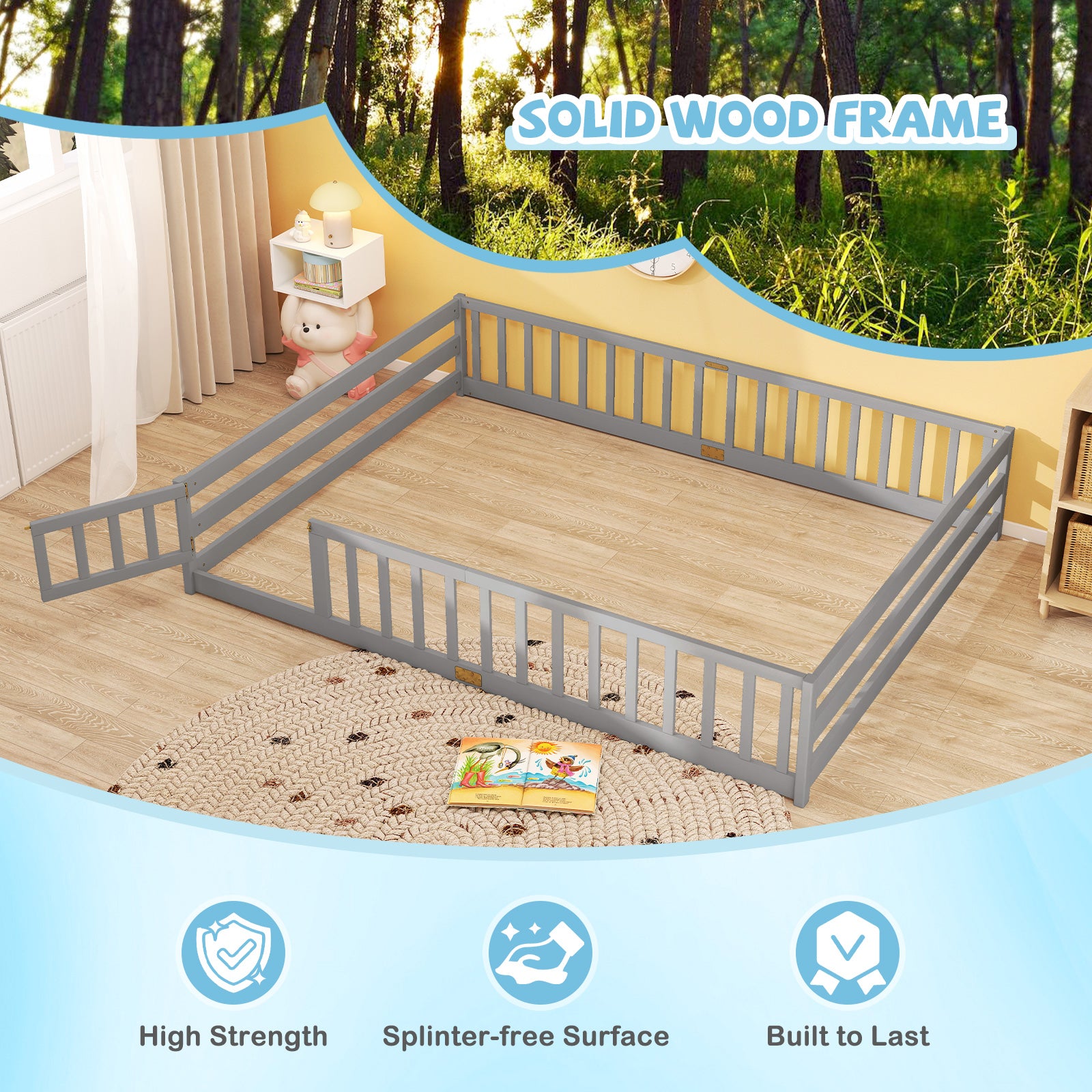 Queen Size Floor Bed Kids Montessori Bed Frame with Full Length Safety Guardrails, Gray Simple Bed Frame at Gallery Canada