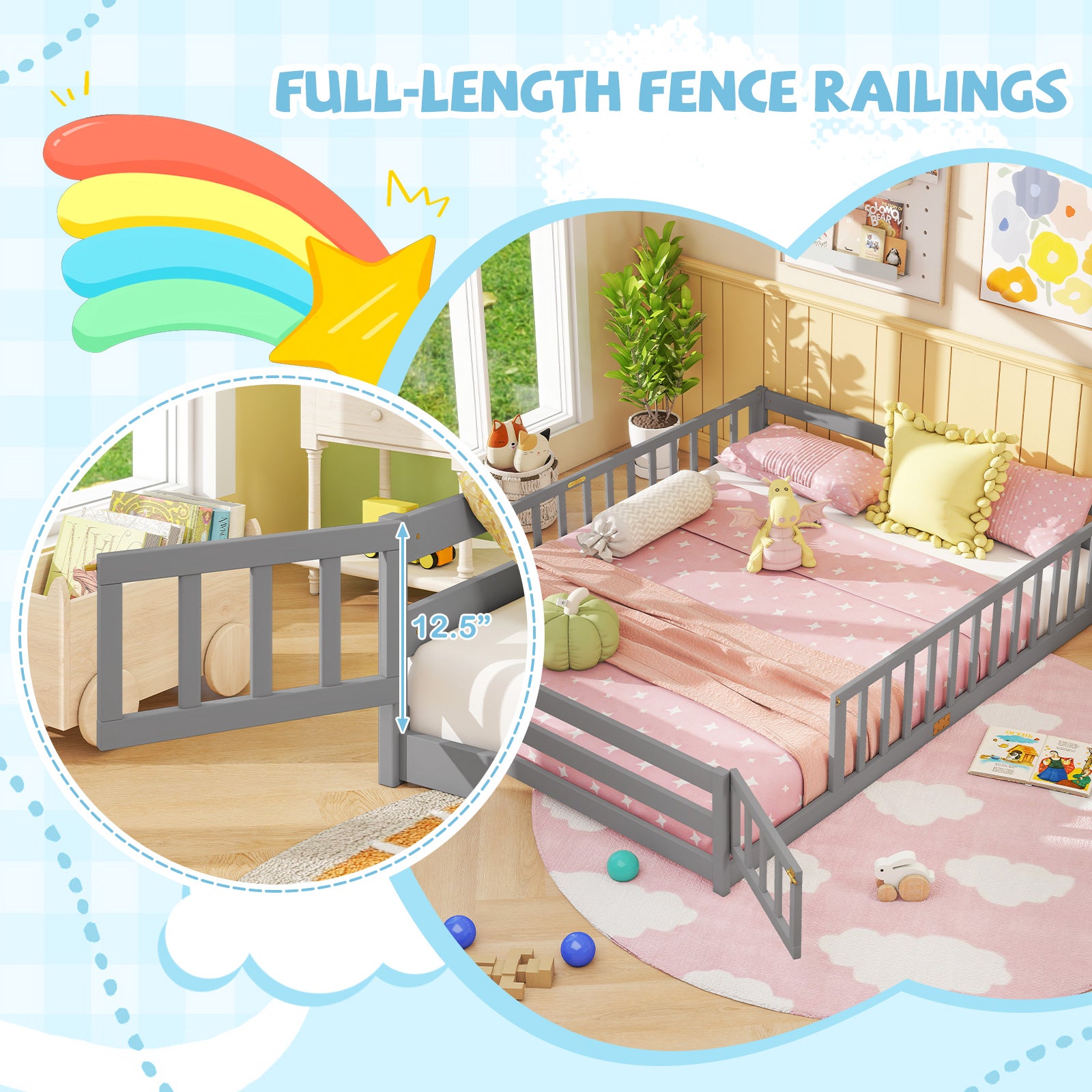 Queen Size Floor Bed Kids Montessori Bed Frame with Full Length Safety Guardrails, Gray Simple Bed Frame at Gallery Canada