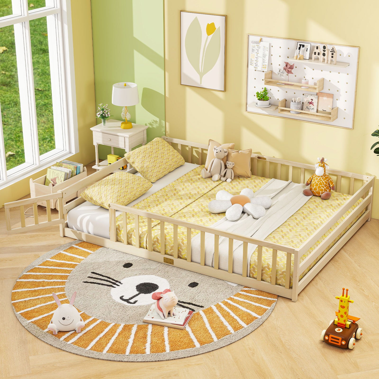 Queen Size Floor Bed Kids Montessori Bed Frame with Full Length Safety Guardrails, Natural Simple Bed Frame at Gallery Canada