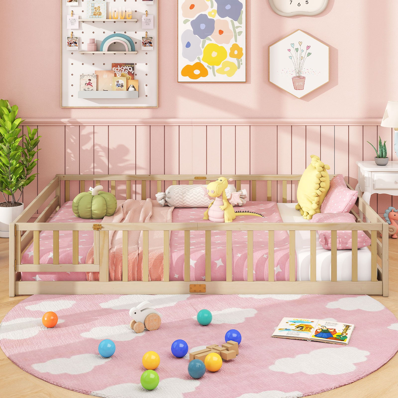 Queen Size Floor Bed Kids Montessori Bed Frame with Full Length Safety Guardrails, Natural Simple Bed Frame at Gallery Canada