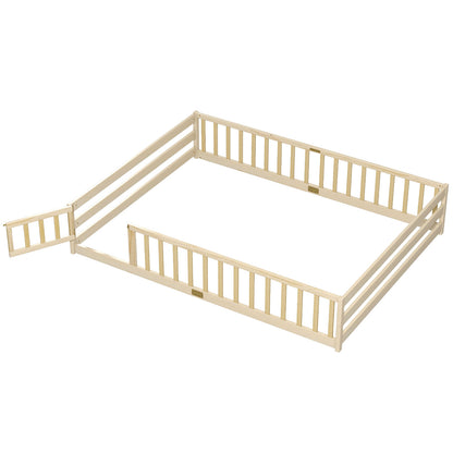 Queen Size Floor Bed Kids Montessori Bed Frame with Full Length Safety Guardrails, Natural Simple Bed Frame at Gallery Canada