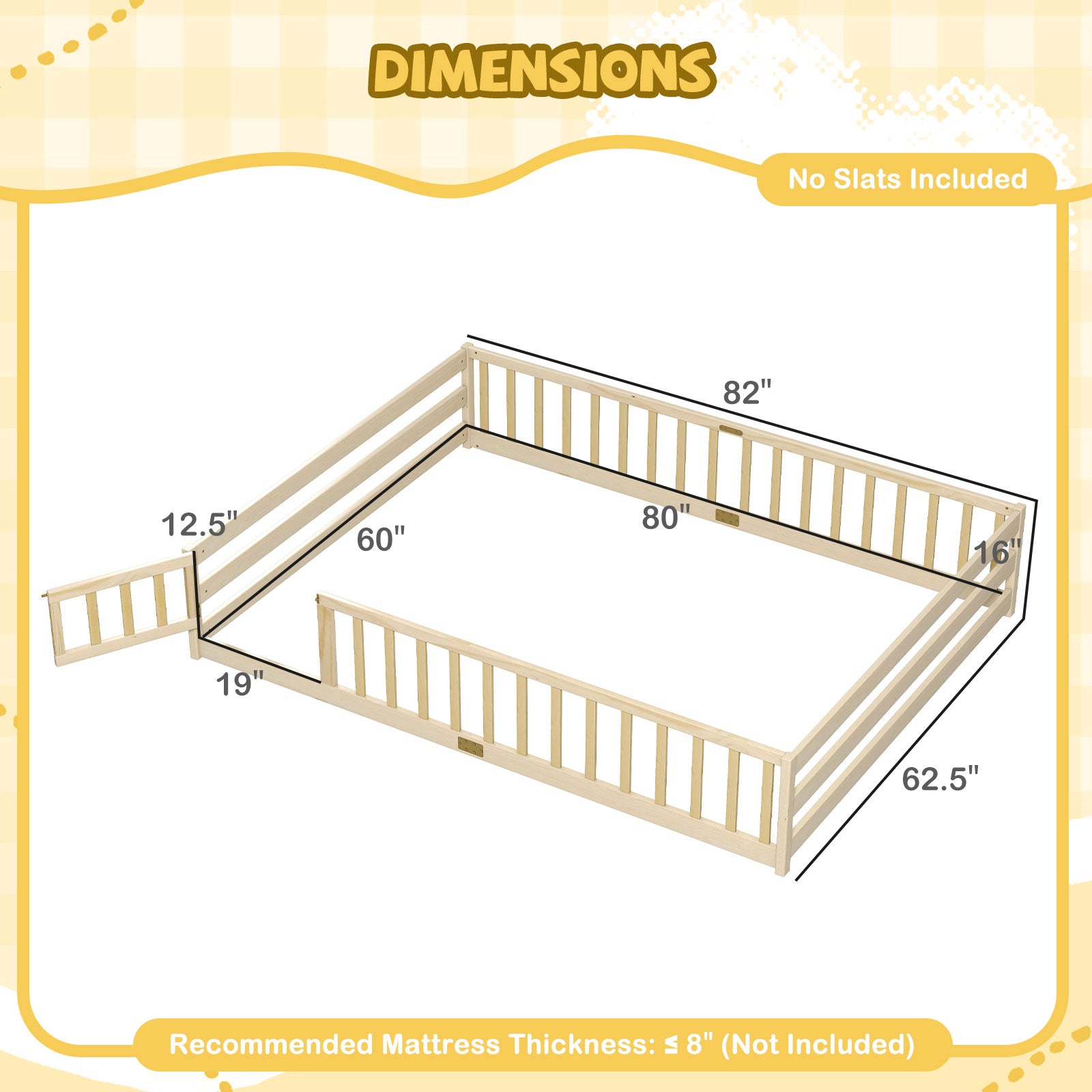 Queen Size Floor Bed Kids Montessori Bed Frame with Full Length Safety Guardrails, Natural Simple Bed Frame at Gallery Canada