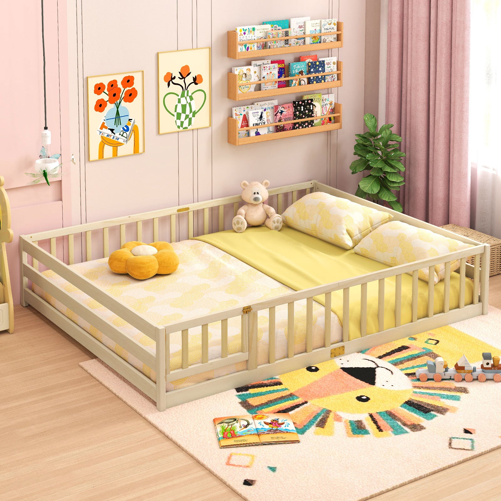 Queen Size Floor Bed Kids Montessori Bed Frame with Full Length Safety Guardrails, Natural Simple Bed Frame at Gallery Canada