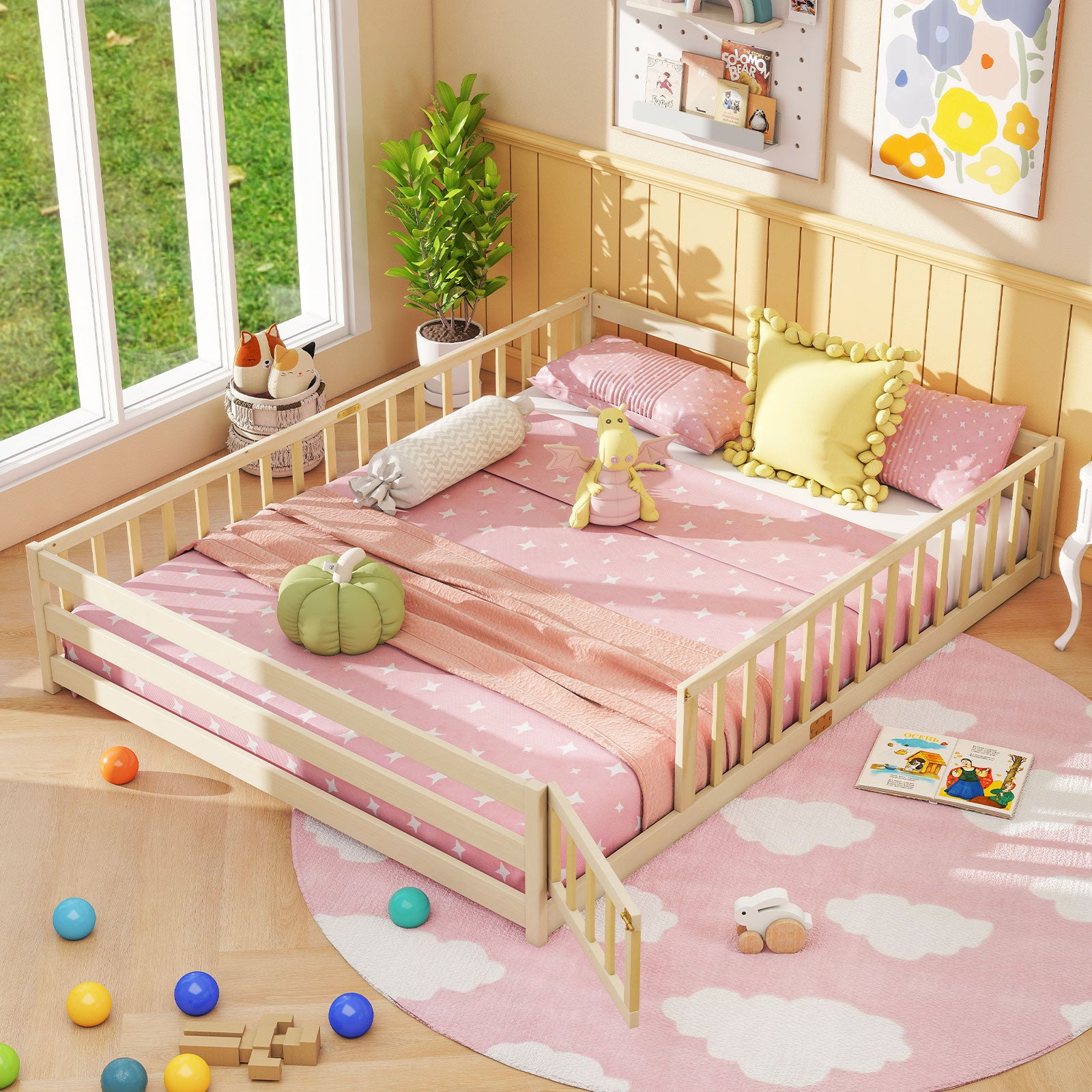 Queen Size Floor Bed Kids Montessori Bed Frame with Full Length Safety Guardrails, Natural Simple Bed Frame at Gallery Canada
