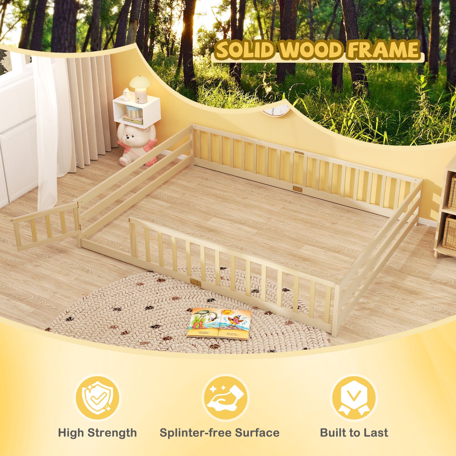 Queen Size Floor Bed Kids Montessori Bed Frame with Full Length Safety Guardrails, Natural Simple Bed Frame at Gallery Canada