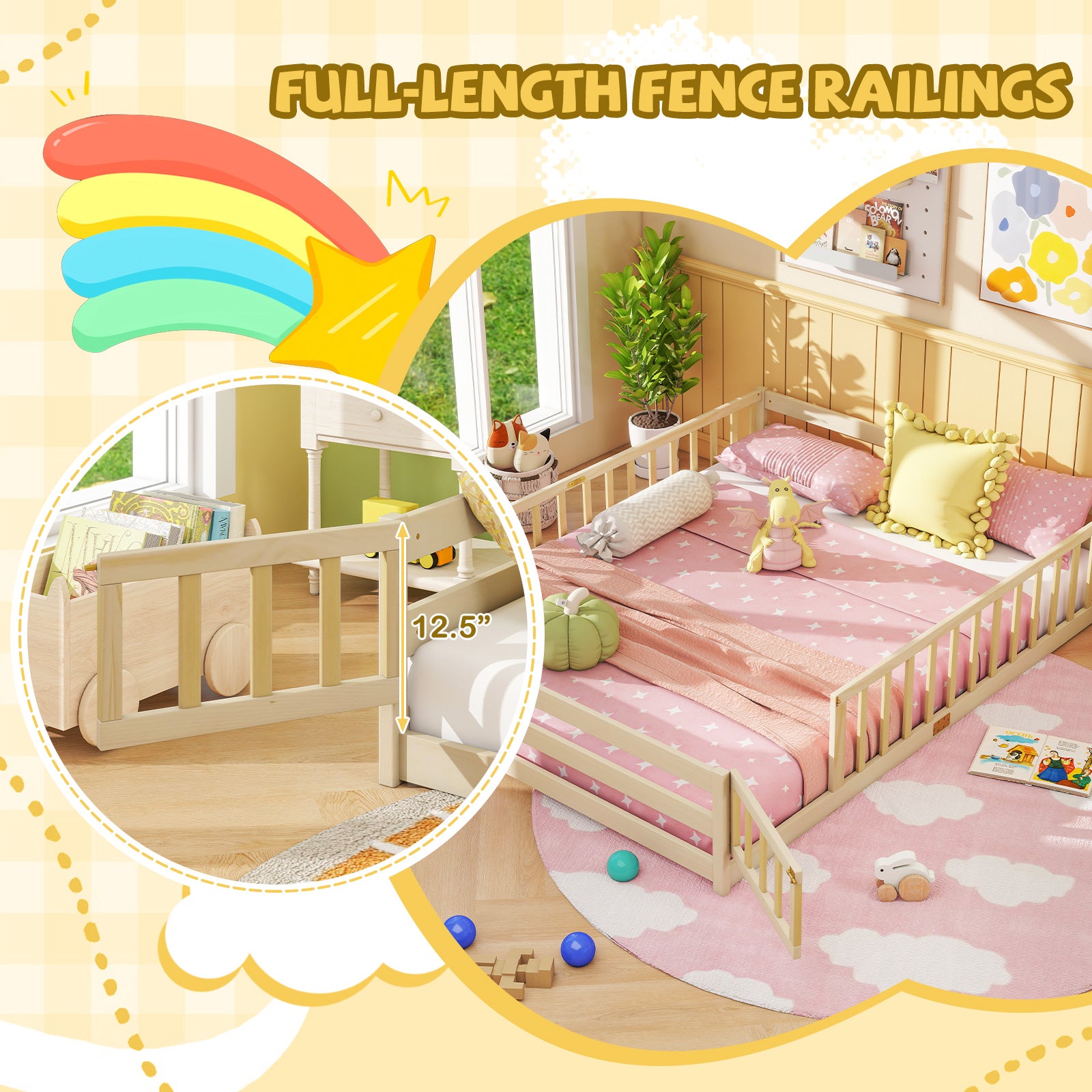 Queen Size Floor Bed Kids Montessori Bed Frame with Full Length Safety Guardrails, Natural Simple Bed Frame at Gallery Canada