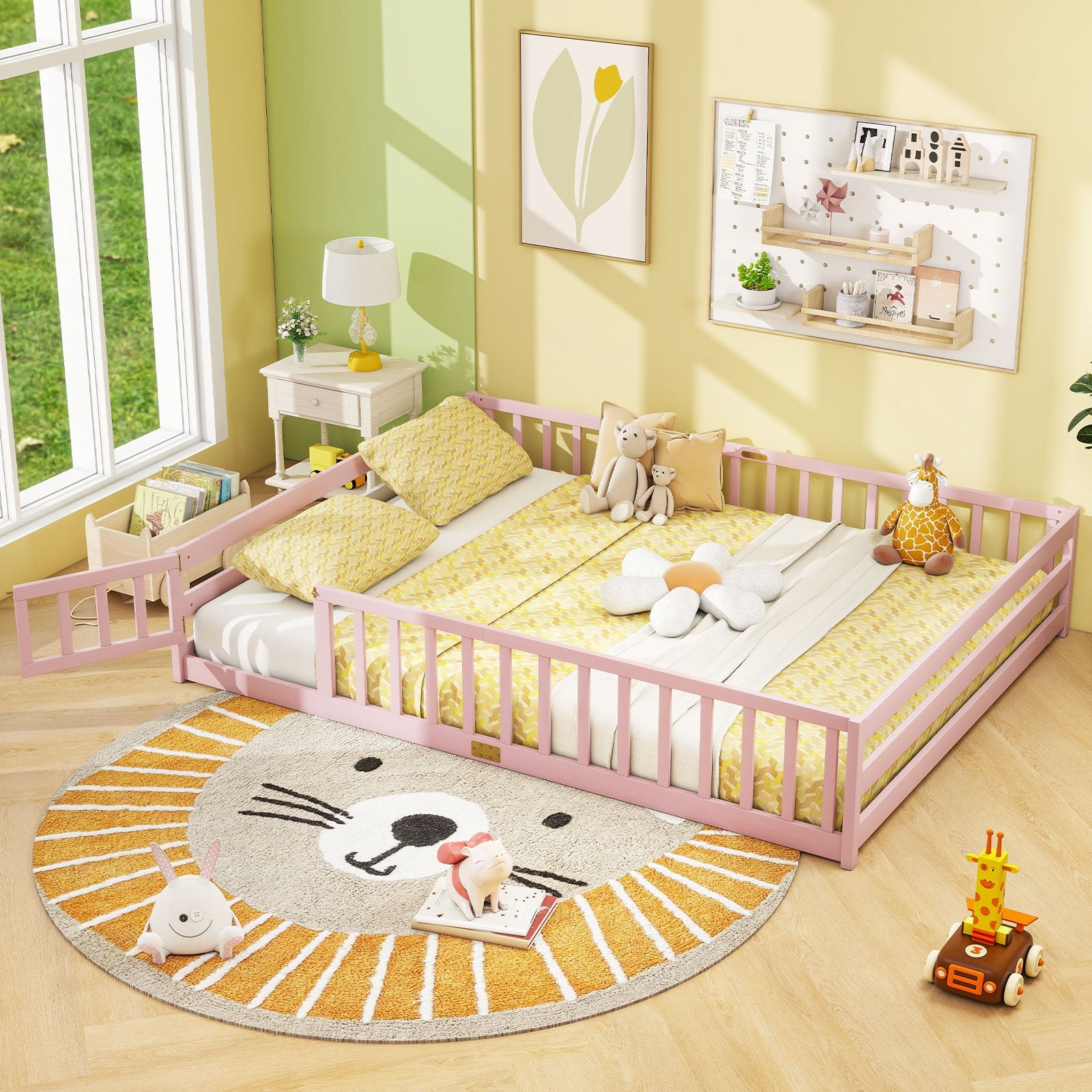 Queen Size Floor Bed Kids Montessori Bed Frame with Full Length Safety Guardrails, Pink Simple Bed Frame at Gallery Canada