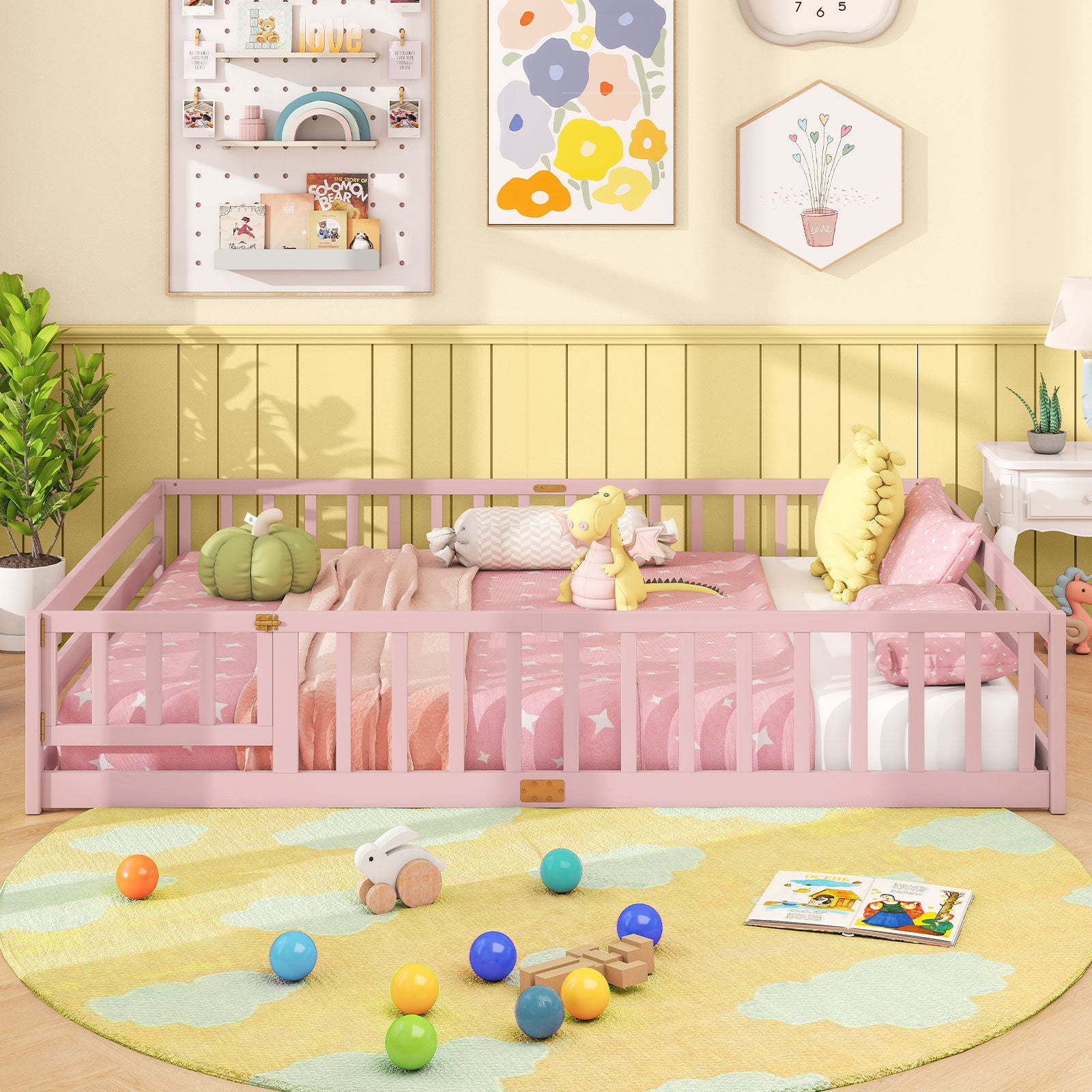 Queen Size Floor Bed Kids Montessori Bed Frame with Full Length Safety Guardrails, Pink Simple Bed Frame at Gallery Canada