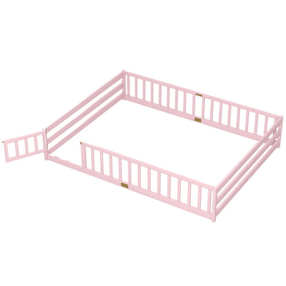 Queen Size Floor Bed Kids Montessori Bed Frame with Full Length Safety Guardrails, Pink Simple Bed Frame Pink at Gallery Canada