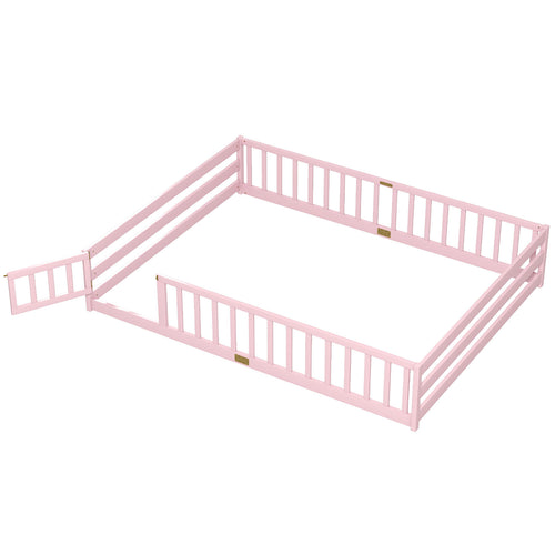 Queen Size Floor Bed Kids Montessori Bed Frame with Full Length Safety Guardrails, Pink