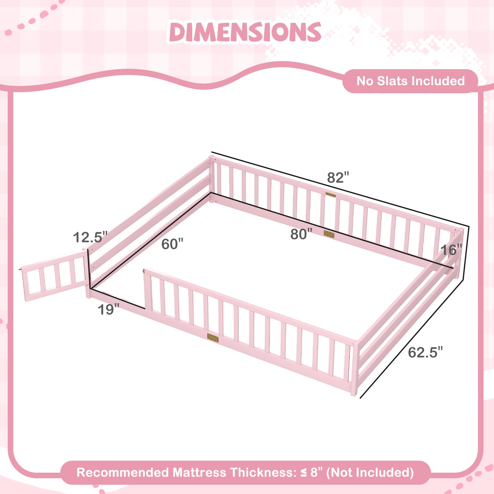 Queen Size Floor Bed Kids Montessori Bed Frame with Full Length Safety Guardrails, Pink Simple Bed Frame at Gallery Canada