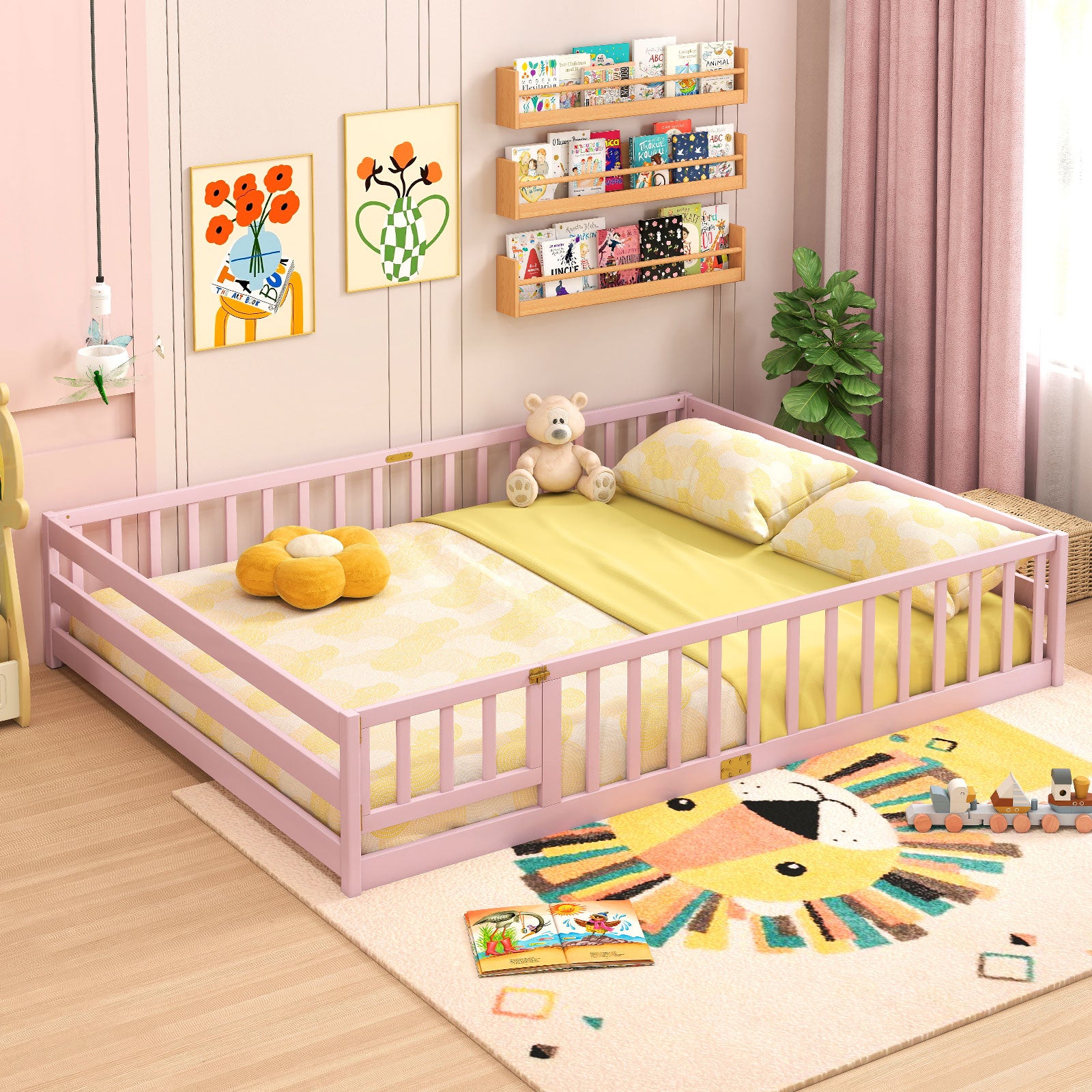 Queen Size Floor Bed Kids Montessori Bed Frame with Full Length Safety Guardrails, Pink Simple Bed Frame at Gallery Canada