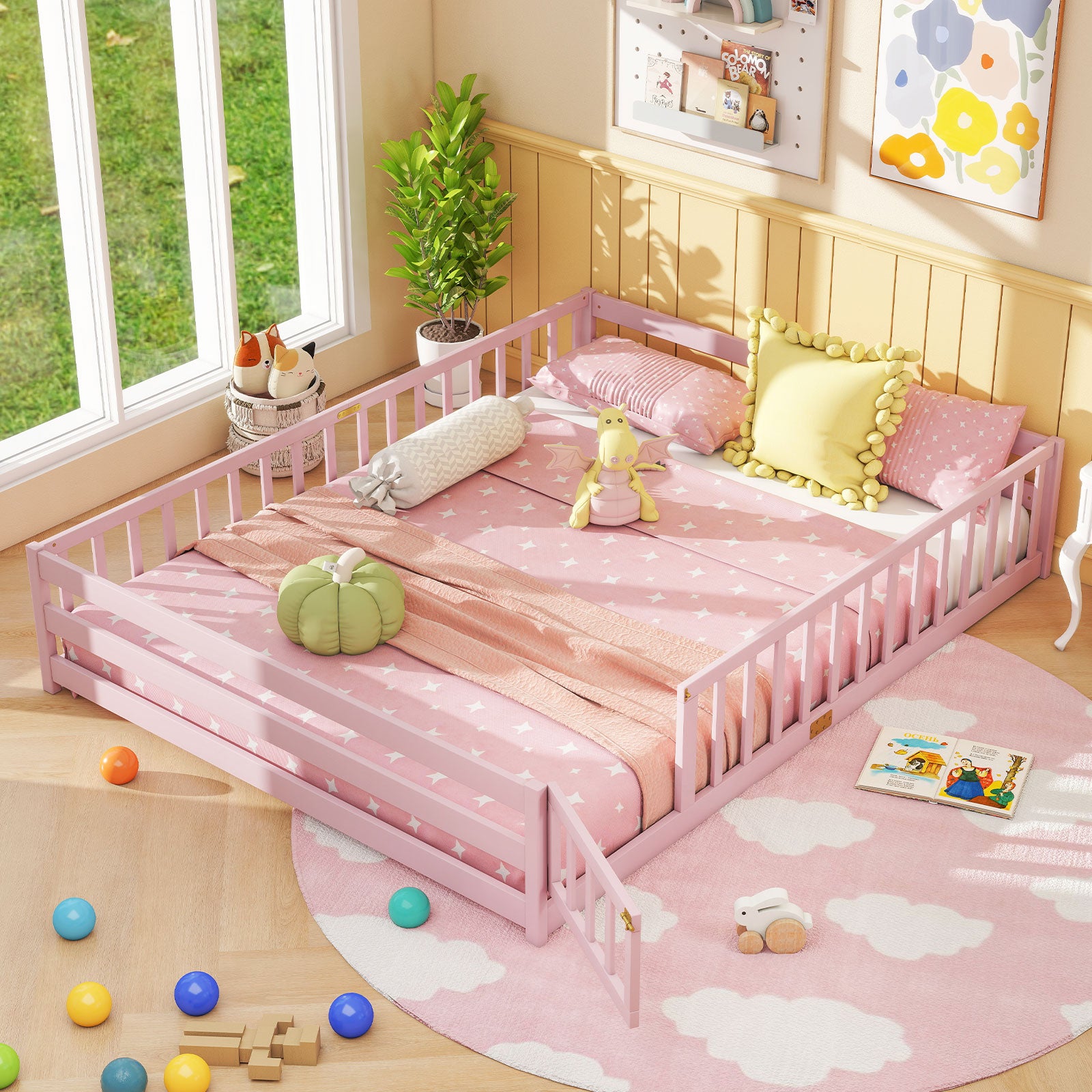 Queen Size Floor Bed Kids Montessori Bed Frame with Full Length Safety Guardrails, Pink Simple Bed Frame at Gallery Canada