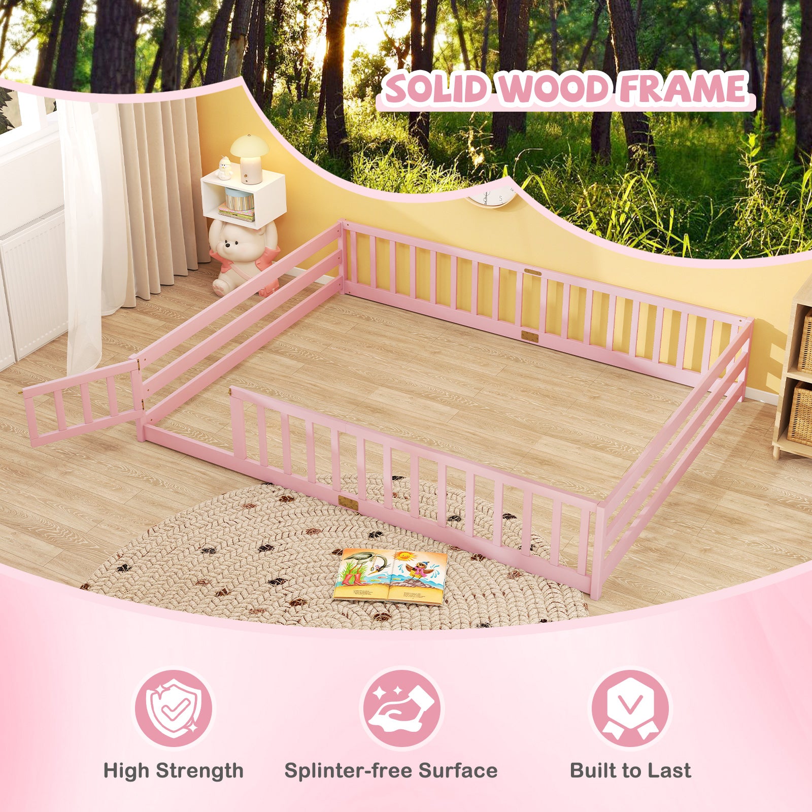 Queen Size Floor Bed Kids Montessori Bed Frame with Full Length Safety Guardrails, Pink Simple Bed Frame at Gallery Canada