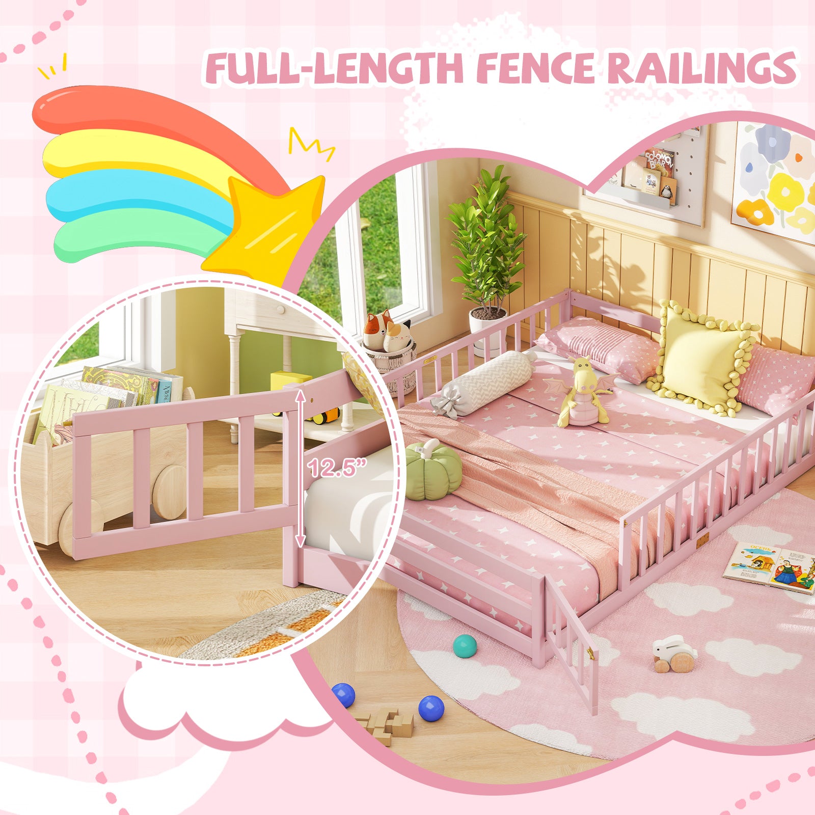 Queen Size Floor Bed Kids Montessori Bed Frame with Full Length Safety Guardrails, Pink Simple Bed Frame at Gallery Canada