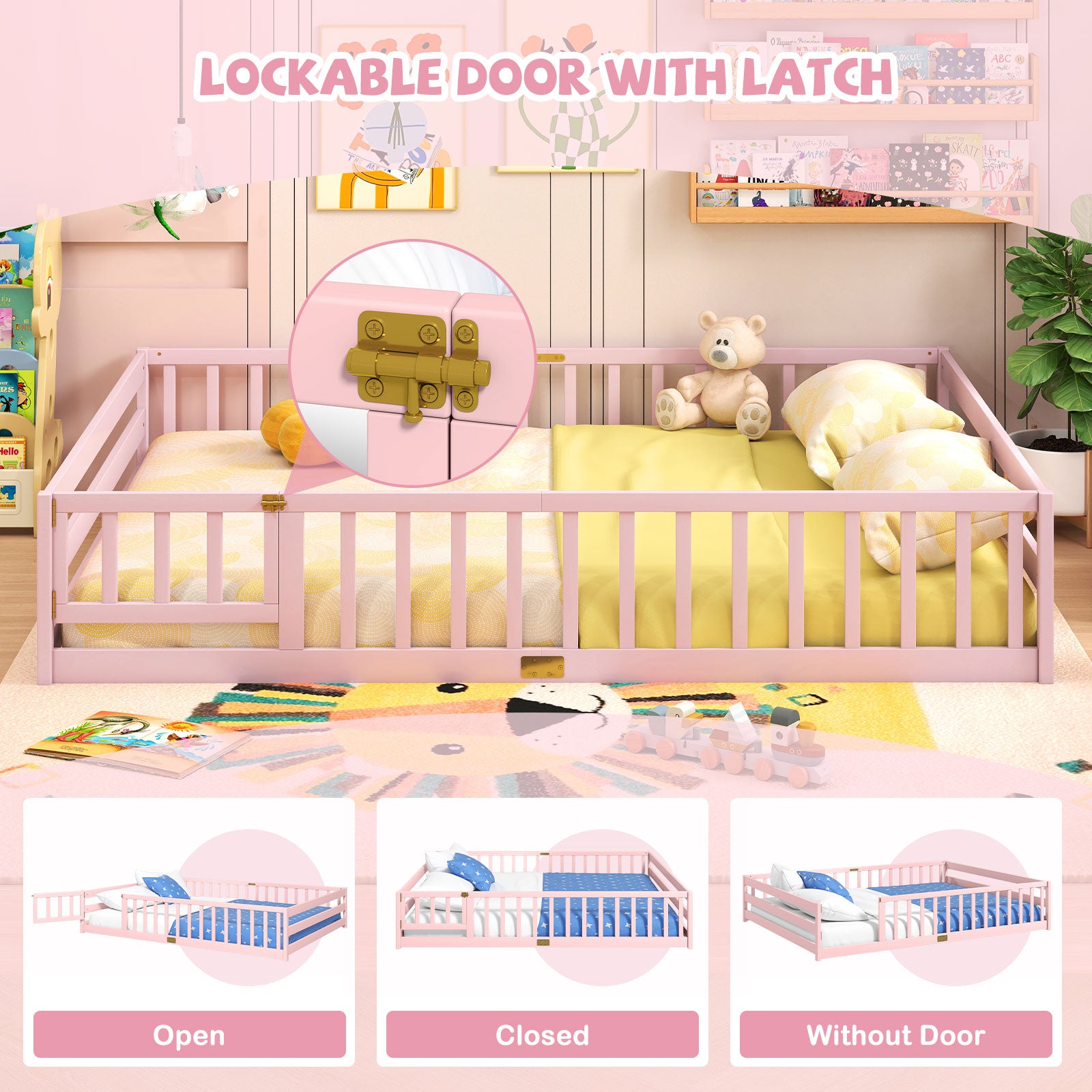Queen Size Floor Bed Kids Montessori Bed Frame with Full Length Safety Guardrails, Pink Simple Bed Frame at Gallery Canada