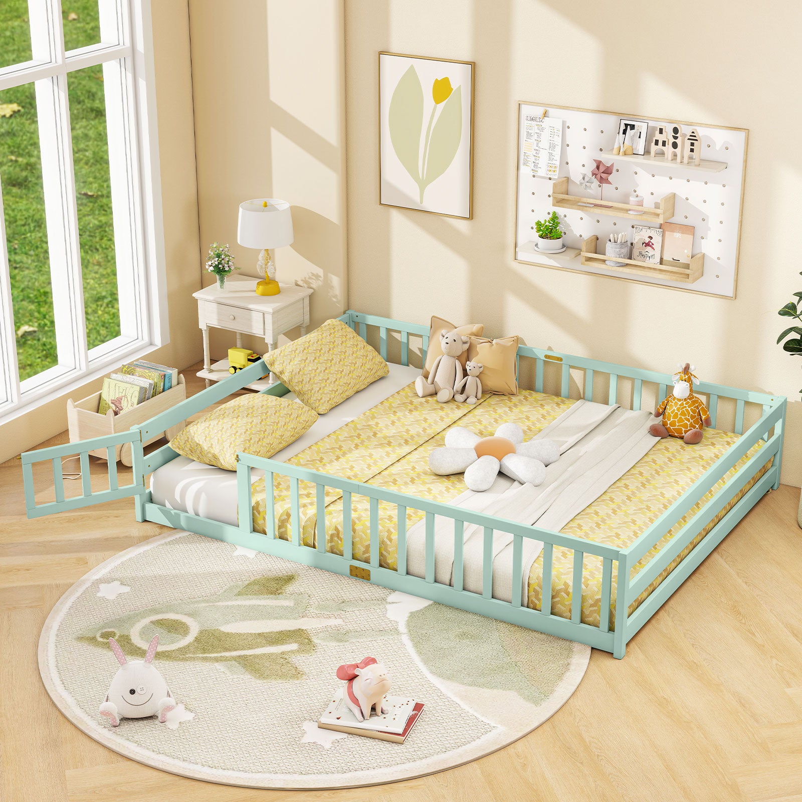 Queen Size Floor Bed Kids Montessori Bed Frame with Full Length Safety Guardrails, Green Simple Bed Frame at Gallery Canada
