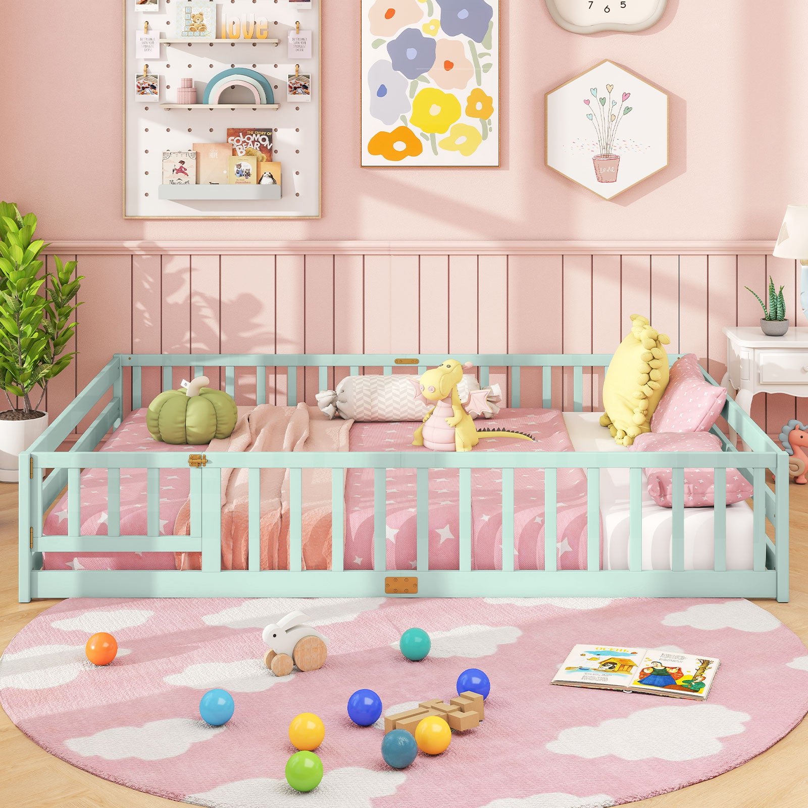 Queen Size Floor Bed Kids Montessori Bed Frame with Full Length Safety Guardrails, Green Simple Bed Frame at Gallery Canada