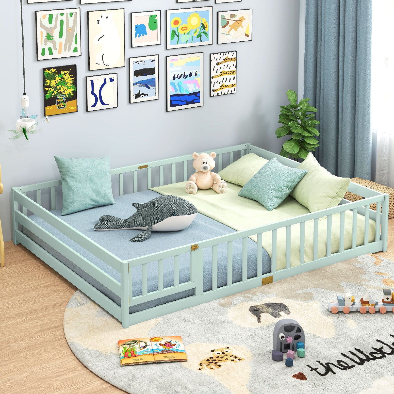 Queen Size Floor Bed Kids Montessori Bed Frame with Full Length Safety Guardrails, Green Simple Bed Frame at Gallery Canada