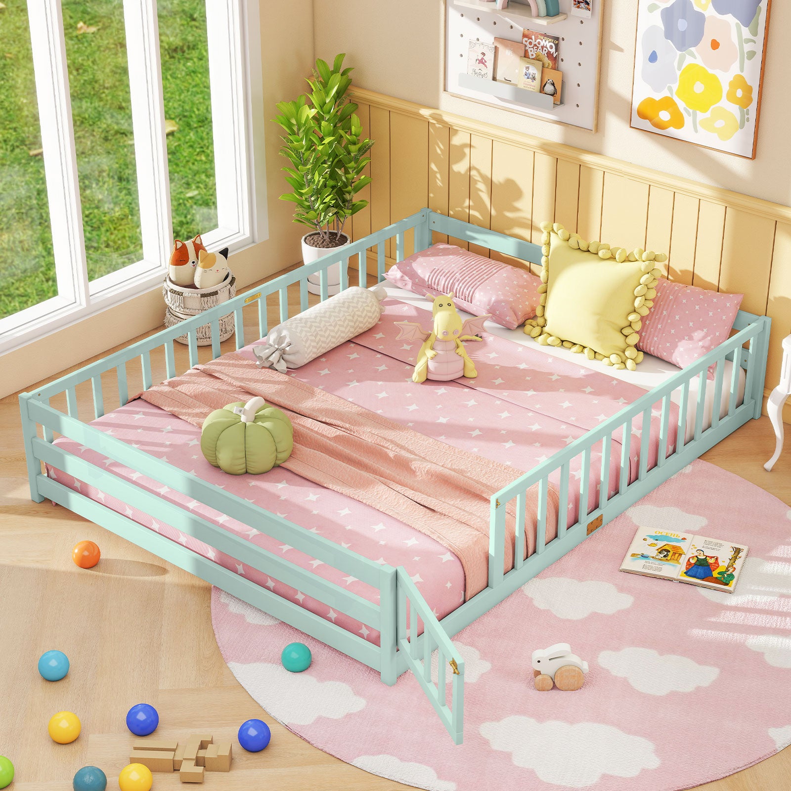 Queen Size Floor Bed Kids Montessori Bed Frame with Full Length Safety Guardrails, Green Simple Bed Frame at Gallery Canada