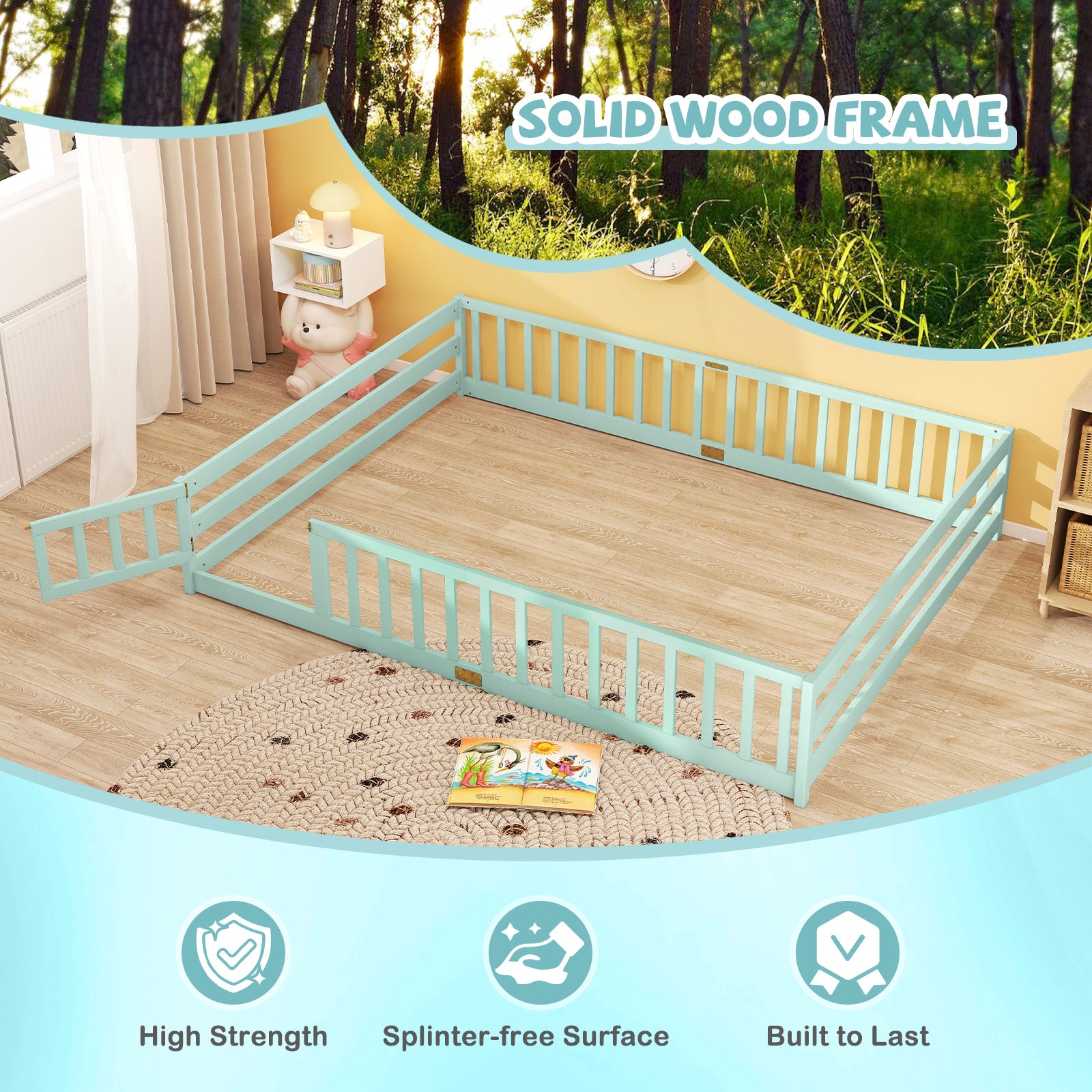 Queen Size Floor Bed Kids Montessori Bed Frame with Full Length Safety Guardrails, Green Simple Bed Frame at Gallery Canada