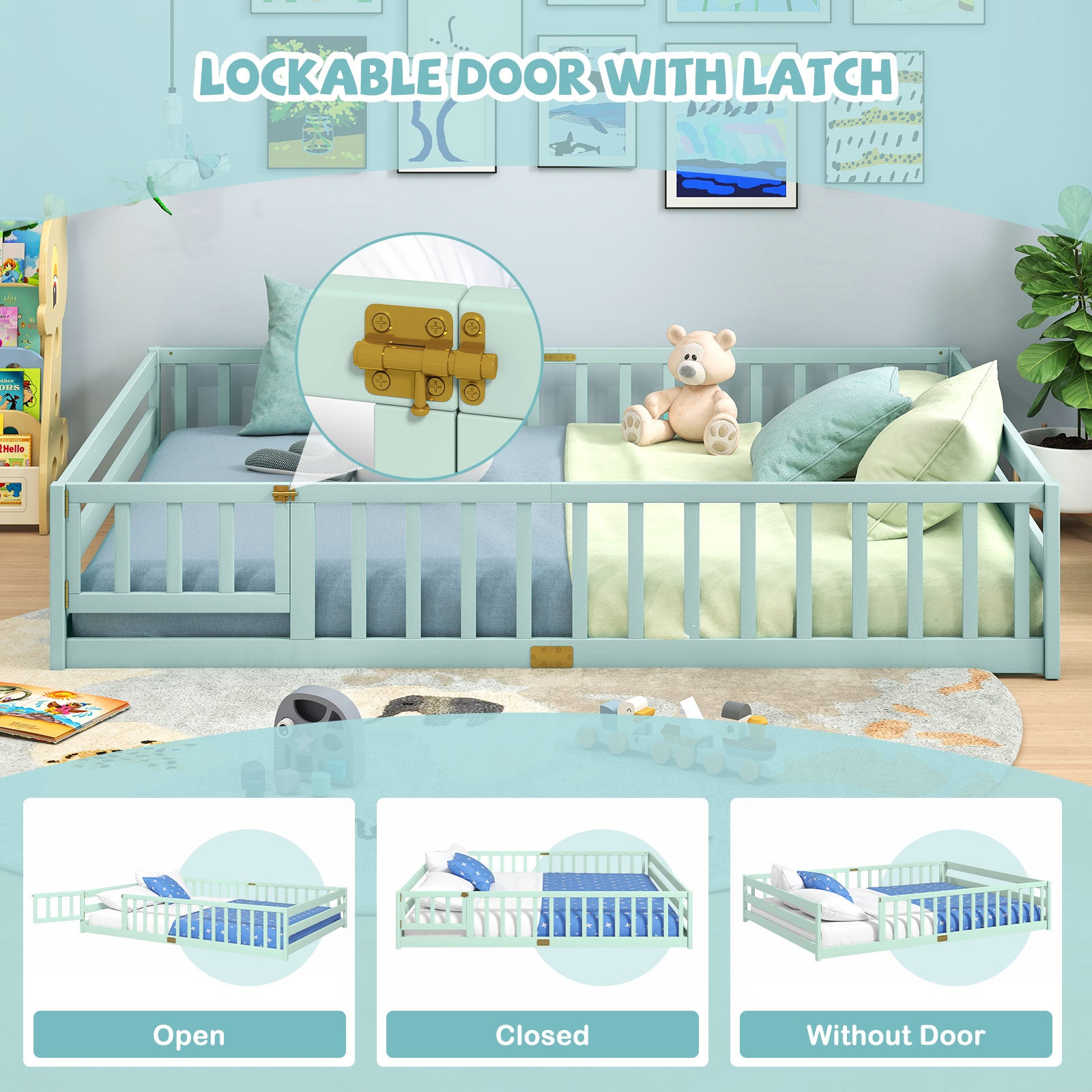 Queen Size Floor Bed Kids Montessori Bed Frame with Full Length Safety Guardrails, Green Simple Bed Frame at Gallery Canada