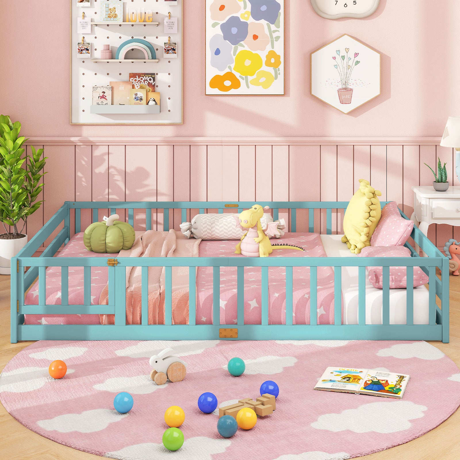 Queen Size Floor Bed Kids Montessori Bed Frame with Full Length Safety Guardrails, Dark Green Simple Bed Frame at Gallery Canada