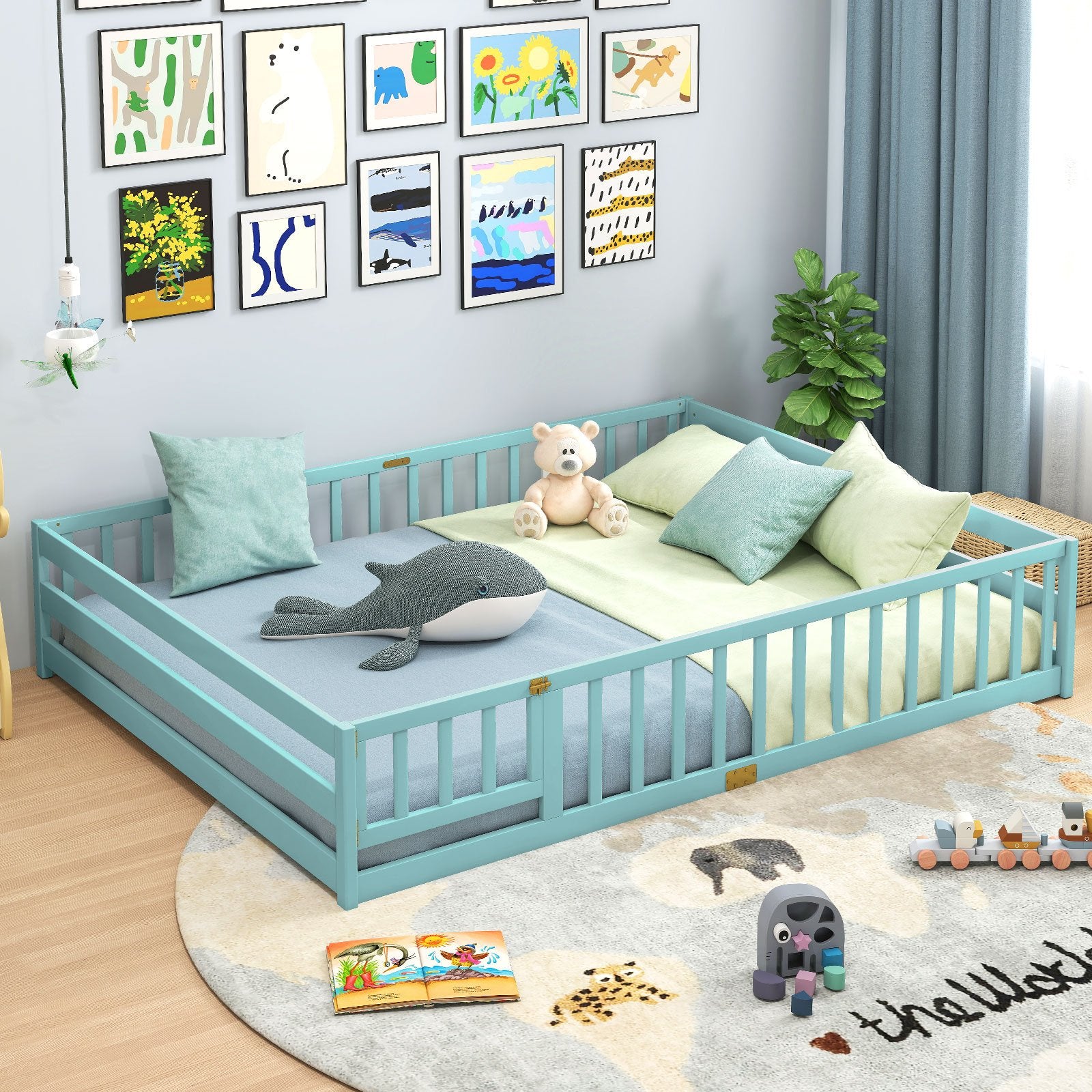 Queen Size Floor Bed Kids Montessori Bed Frame with Full Length Safety Guardrails, Dark Green Simple Bed Frame at Gallery Canada