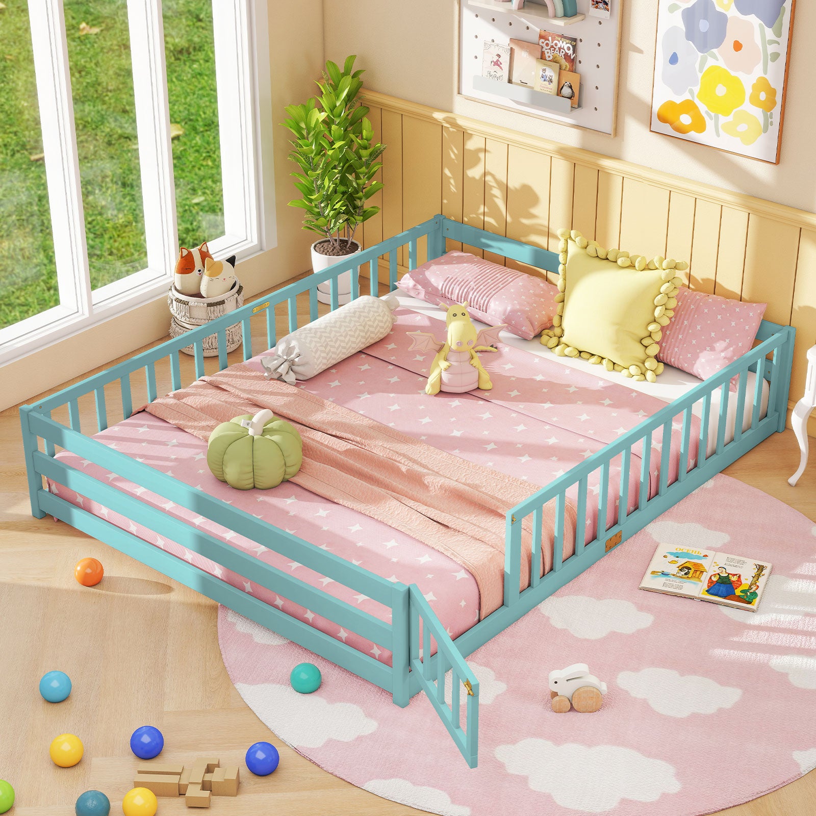 Queen Size Floor Bed Kids Montessori Bed Frame with Full Length Safety Guardrails, Dark Green Simple Bed Frame at Gallery Canada