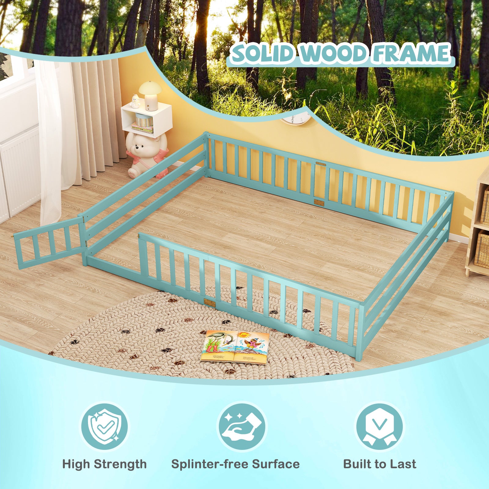 Queen Size Floor Bed Kids Montessori Bed Frame with Full Length Safety Guardrails, Dark Green Simple Bed Frame at Gallery Canada